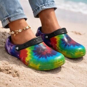 Crocs Tie Dye Clogs M7 W9 Rainbow Classic Comfort Slip On Shoes